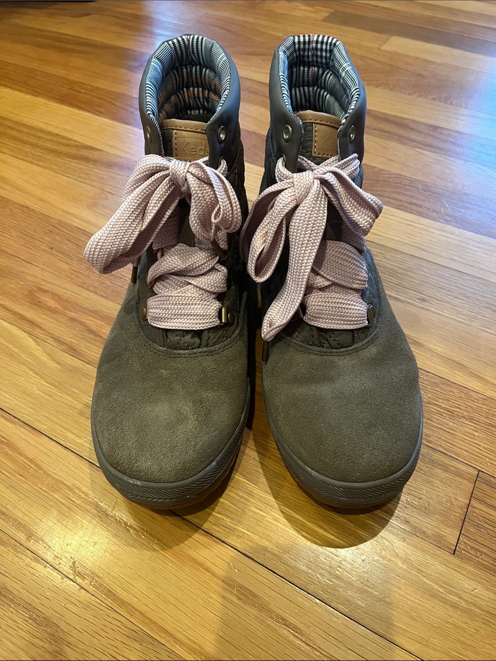 Keds Olive Suede Lace-Up Boots with Light Pink Laces